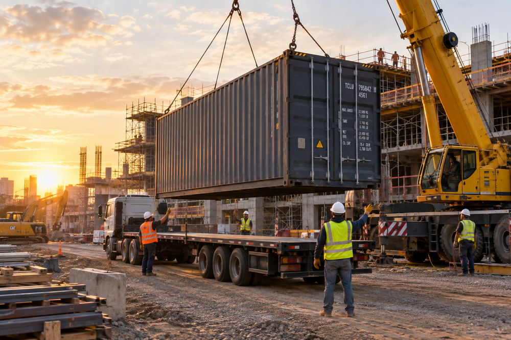 Workers loading a shipping container onto a flatbed truck