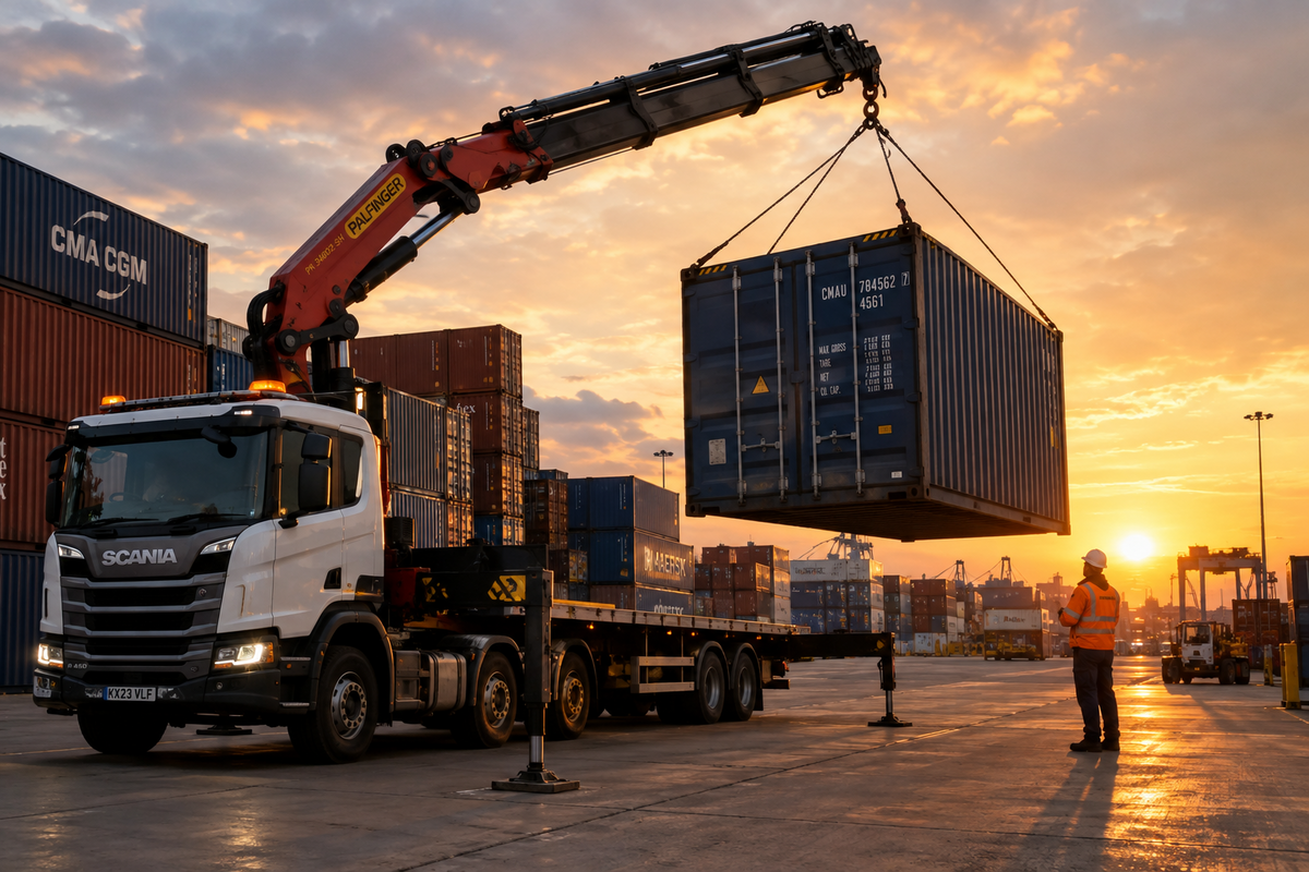 Liberty Cart crane truck loading a shipping container